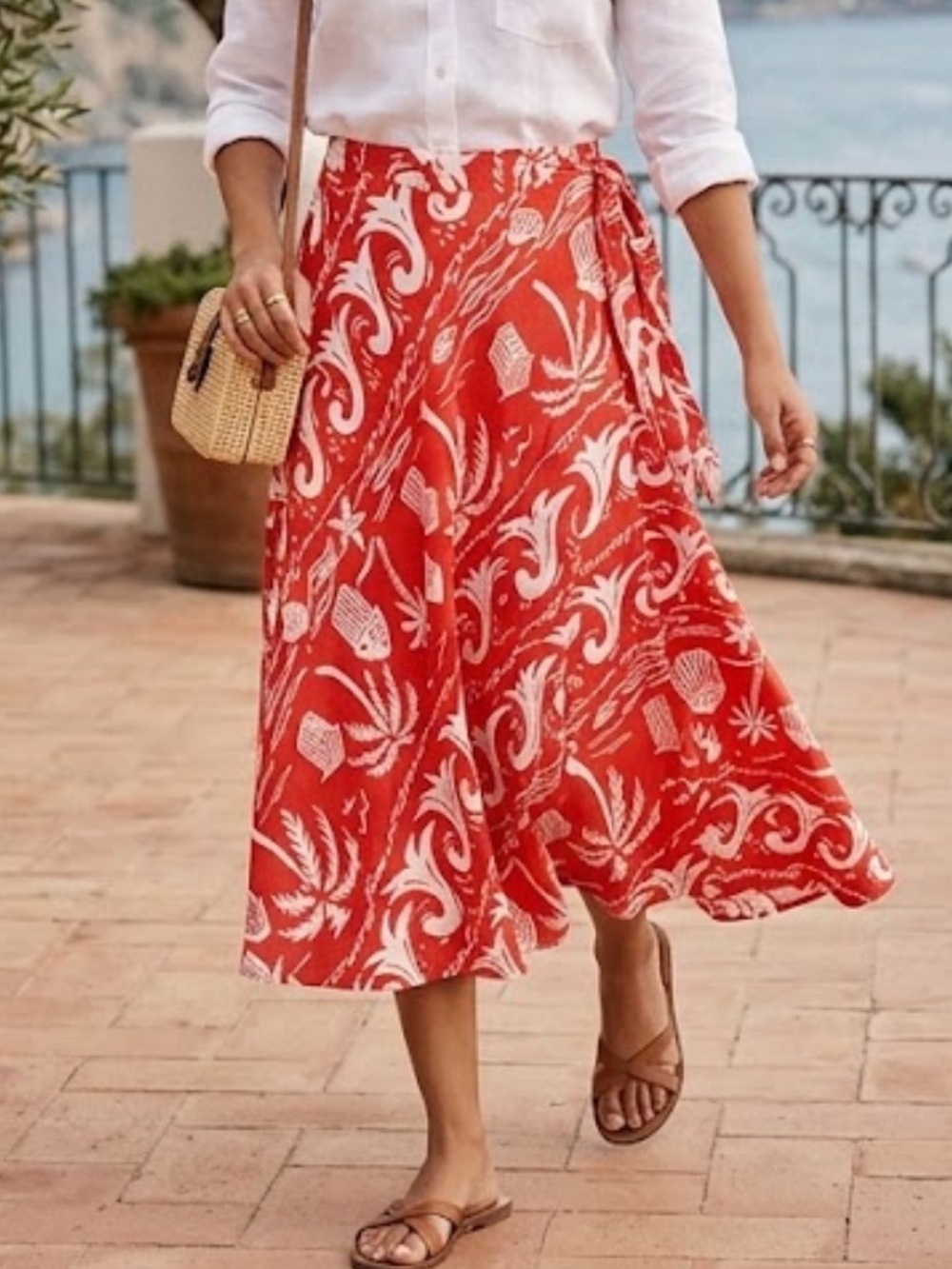 Place Nationale Orange Linen full wrap midi skirt Size Small
